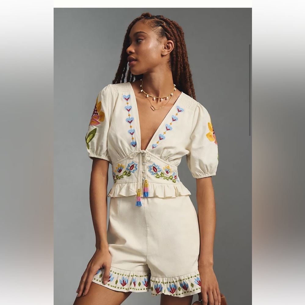Anthropologie Farm Rio Embroidered Peplum Romper Floral Ruffled Neutral Motif